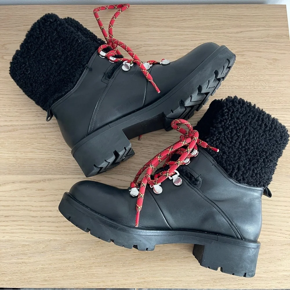 Aquatalia Jamie Black leather combat lace up boot shearling trim moto 11